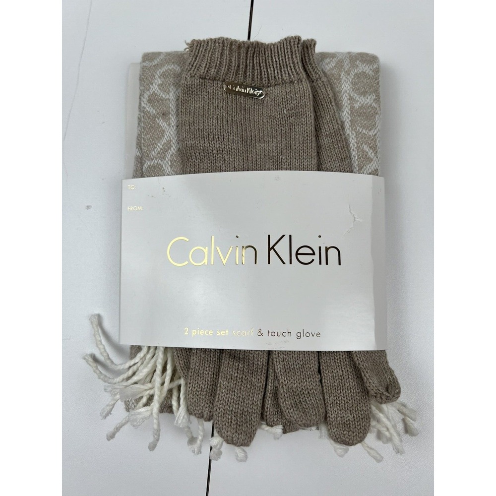 Calvin Klein Muffler Scarf and Touch Gloves - 2 Piece Set - Beige NEW